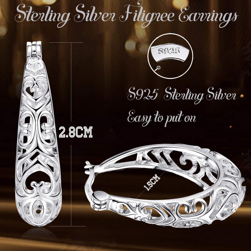 MILACOLATO 925 Sterling Silver Hoop Earrings for Women 18K White Gold Plated Vintage Filigree Oval Hoop Earrings Lightweight & Hypoallergenic Vintage Hoop Earrings - Image 2